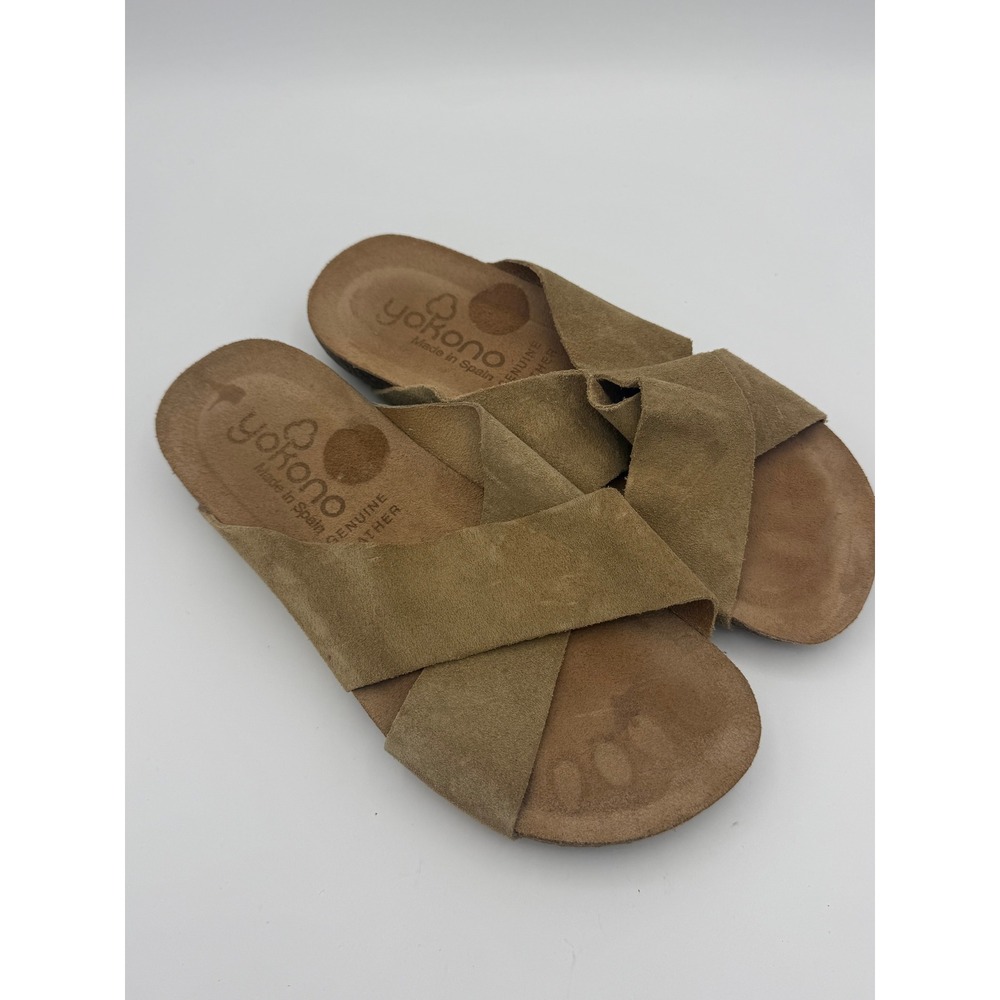 Yokono Tan Suede Crisscross Slide Sandals Made in Spain Genuine Leather 6.5